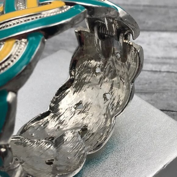 Bracelet Braided Yellow and Green Enameled Silver-tone Metal Wide Hinged - Picture 5 of 5